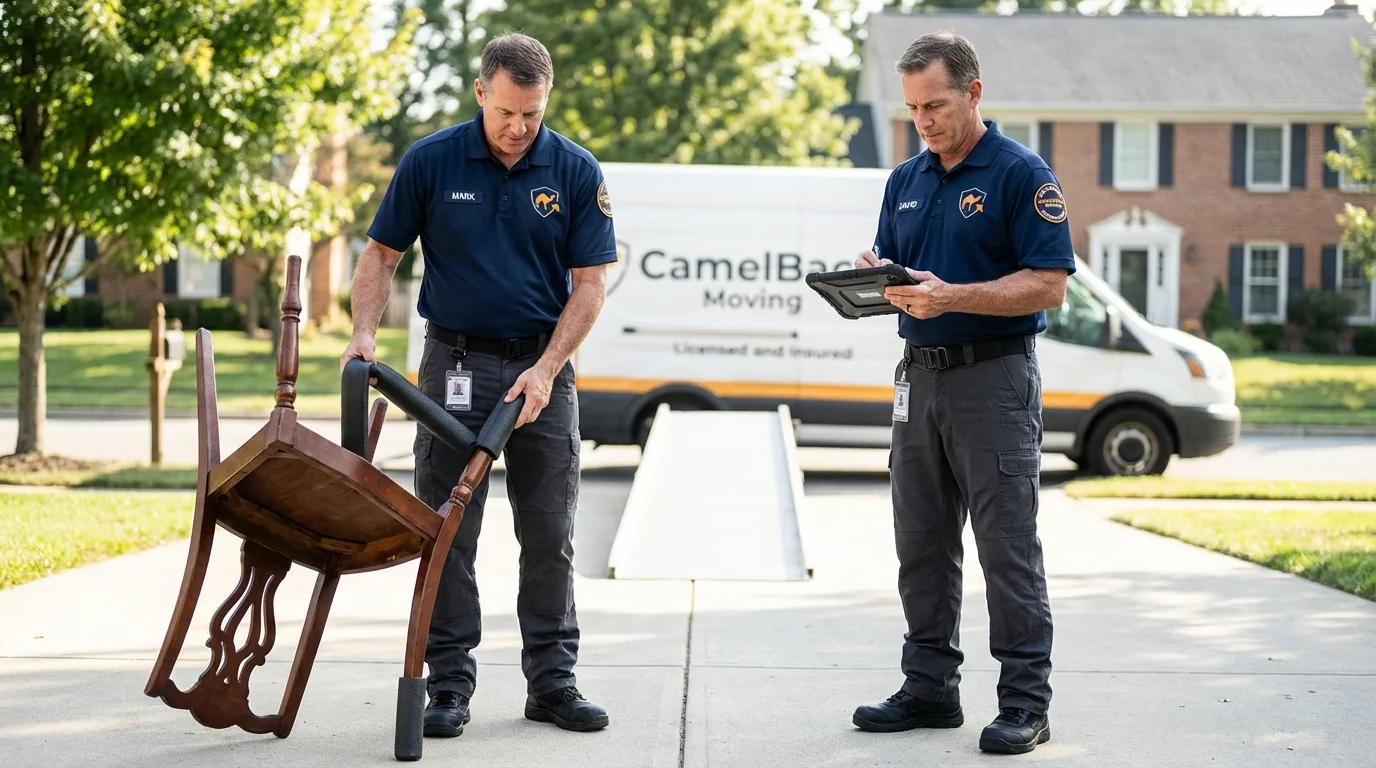 Movers inspecting furniture for damage prevention before loading in Wilmerding, PA