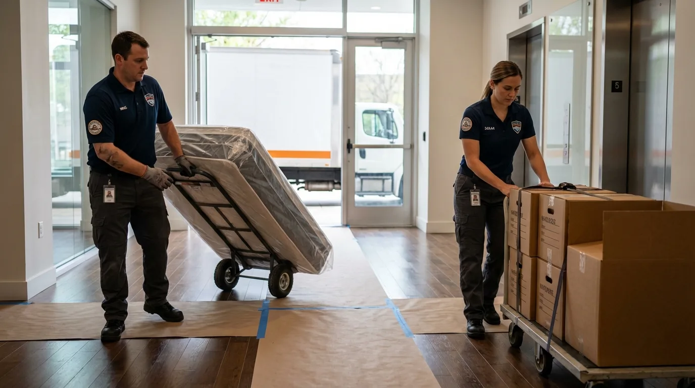 Professional apartment movers loading elevator in Wilmerding, PA