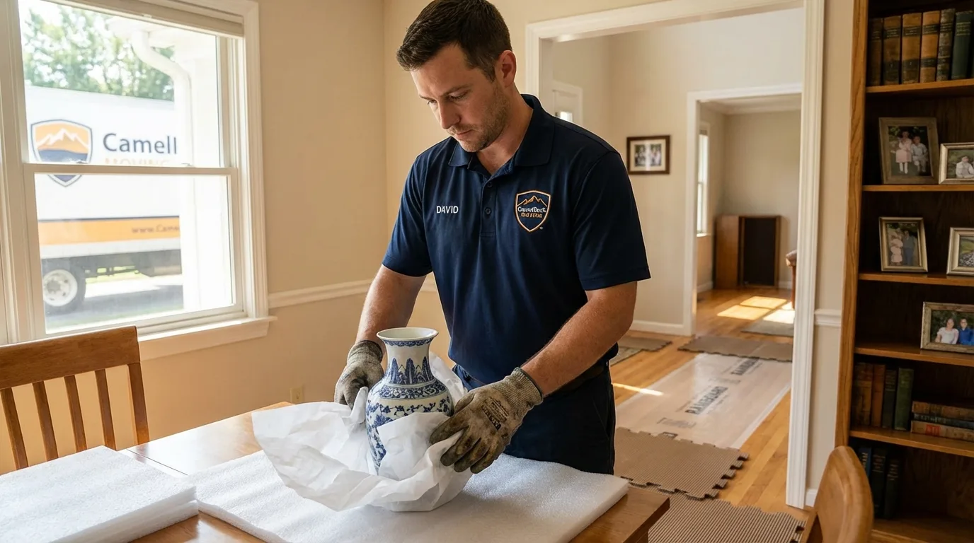 Professional crew carefully wrapping antique vase for senior downsizing move in Wilmerding, PA